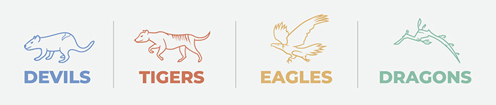 University communities icons for Devils, Tigers, Eagles, and Dragons