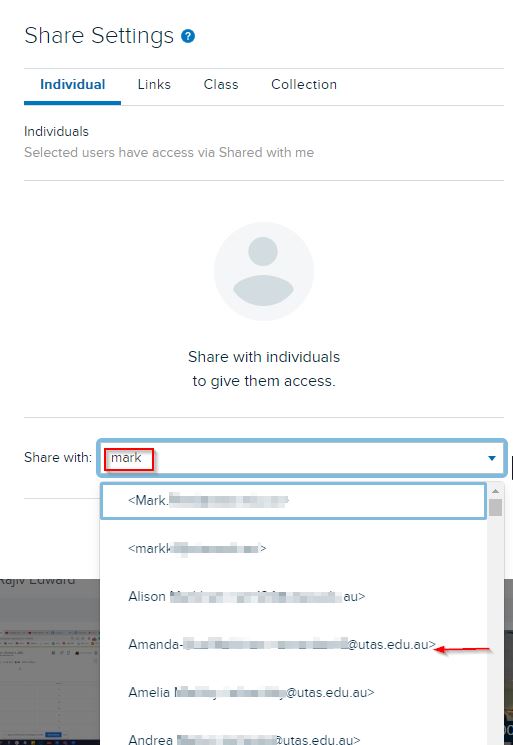 Share settings modal with text entered and matching users shown for steps as described