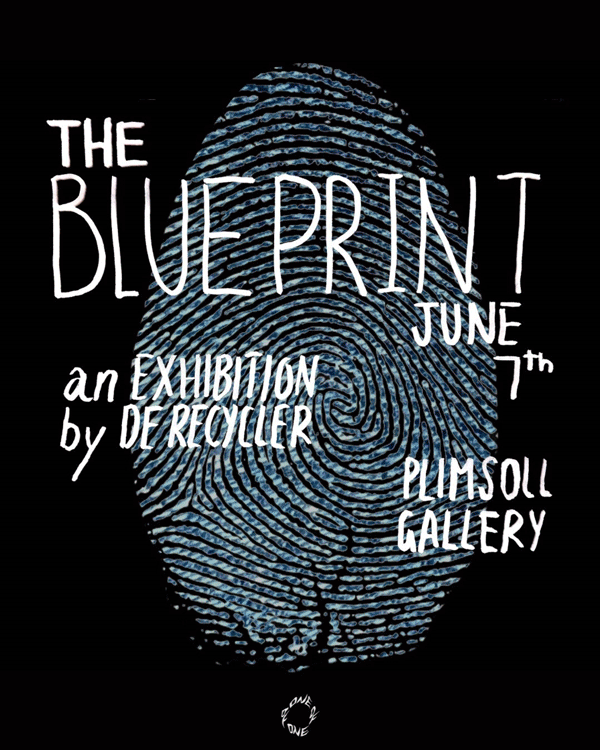 The animated gif contains three images. The image features a central graphic of a fingerprint set against a black background. The ridges of the fingerprint are detailed in shades of blue, creating a textured and intricate pattern. Overlaying the fingerprint graphic is white text that reads “THE BLUE PRINT,” followed by “an Exhibition by DERECYCLER” in smaller lettering. Below this, the date “JUNE 7th” is presented, and further down, “PLIMSOLL GALLERY” is written, indicating the location of the event. At the bottom of the image, there’s a small symbol resembling an eye with lashes or possibly an abstract representation of another fingerprint. The second image depicts a person standing against a wallpapered background. The individual wears a jacket adorned with various colourful patterns and text. Below the figure, the text reads: “THE BLUEPRINT PLIMSOLL GALLERY: BY NOAH JOHNSON” The third image portrays an individual working diligently on a sewing machine. The focus is on the hands and the intricate machinery, suggesting a process related to textile work or garment making. The dimly lit background emphasises the work area, creating an atmosphere of focused creativity. Overlaying the image, there is text that is a quote from the artist. The text touches upon themes of space, gladness for people who truly matter to the speaker, and references to blackness, triumph, and emancipation.