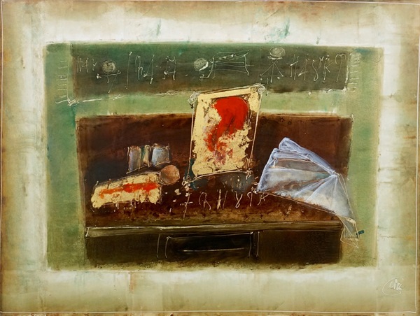 Image description: An abstract painting with a soft green and cream border surrounding a dark rectangular centre. On a brown surface sit three loosely rendered objects: a small light-coloured form on the left, a central cream shape topped with a bright red area, and a pale blue folded shape on the right. The image has a textured, painterly quality with muted earthy tones and blurred edges.