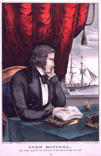 Illustration of John Mitchell looking out his window at tall ship