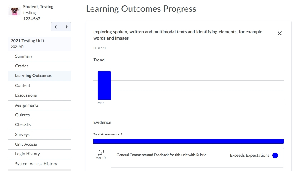 A detailed view of a learning outcome in the Class Progress tool
