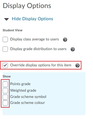 Change display options for students
