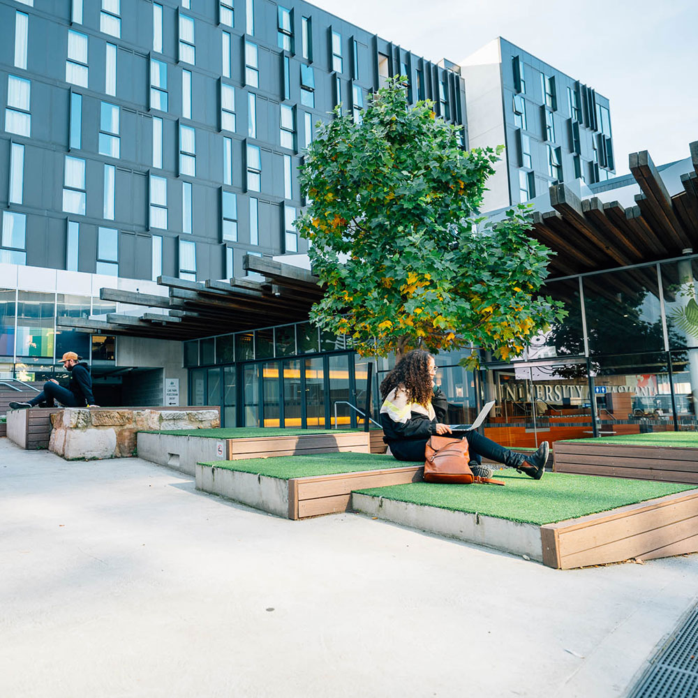 Hobart Apartments, students in an outside space