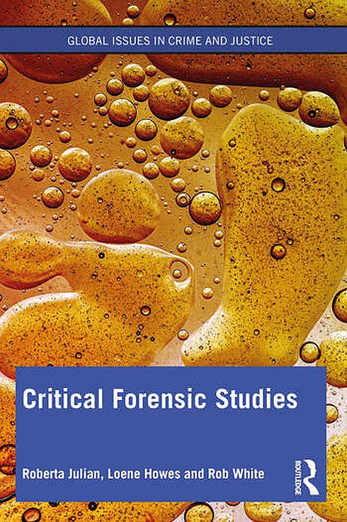Critical Forensic Studies book cover. The cover is yellow sand with large and small water droplets of various shapes on top of the sand.