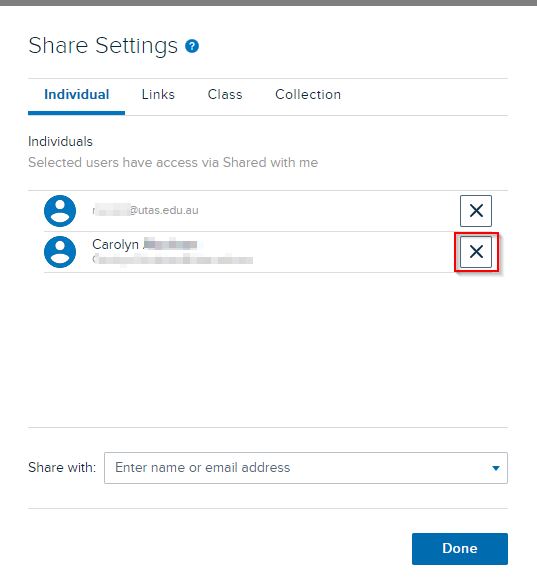 Share settings modal with selected individual appearing in shares list as described