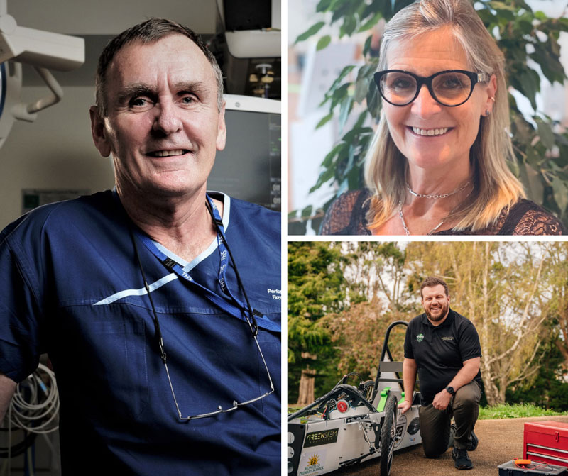 Three alumni award winners: one in medical scrubs in a clinical setting, one in formal attire indoors, and one outdoors beside a racing vehicle.