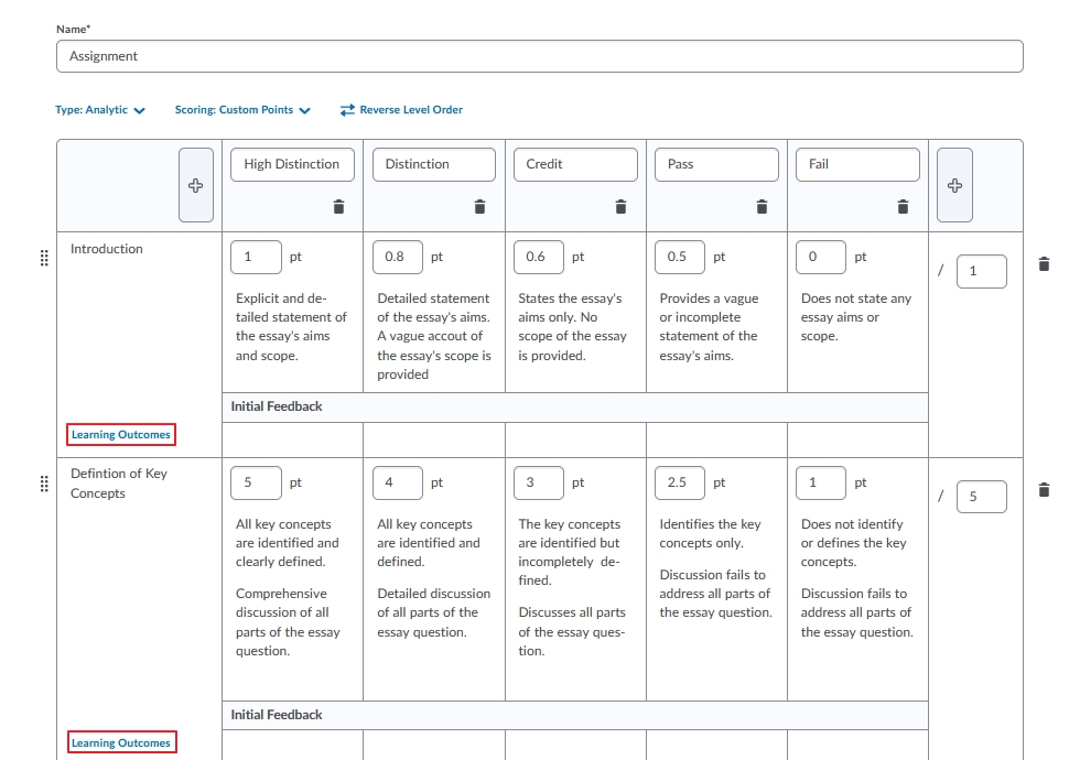Within the row for each criterion, click Learning Outcomes to align a learning outcome with that specific criterion