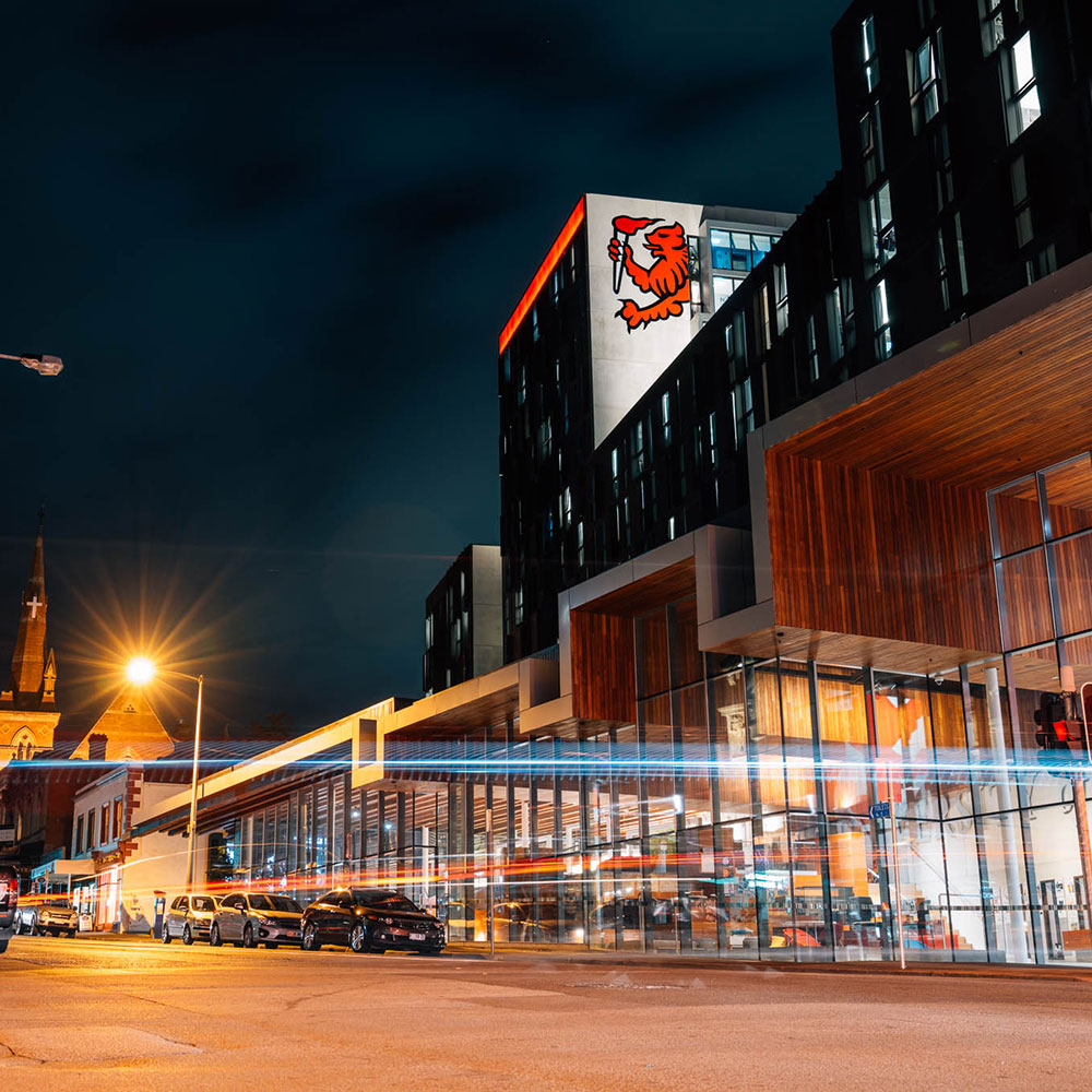 Hobart Apartments, street view at night