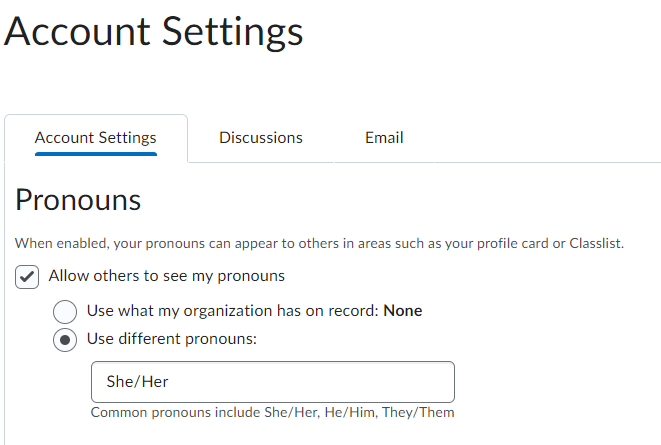 Pronouns Settings tick box