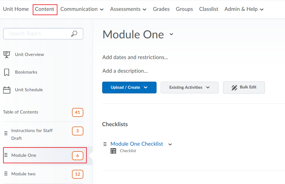 Click on content then choose ( or create ) your module