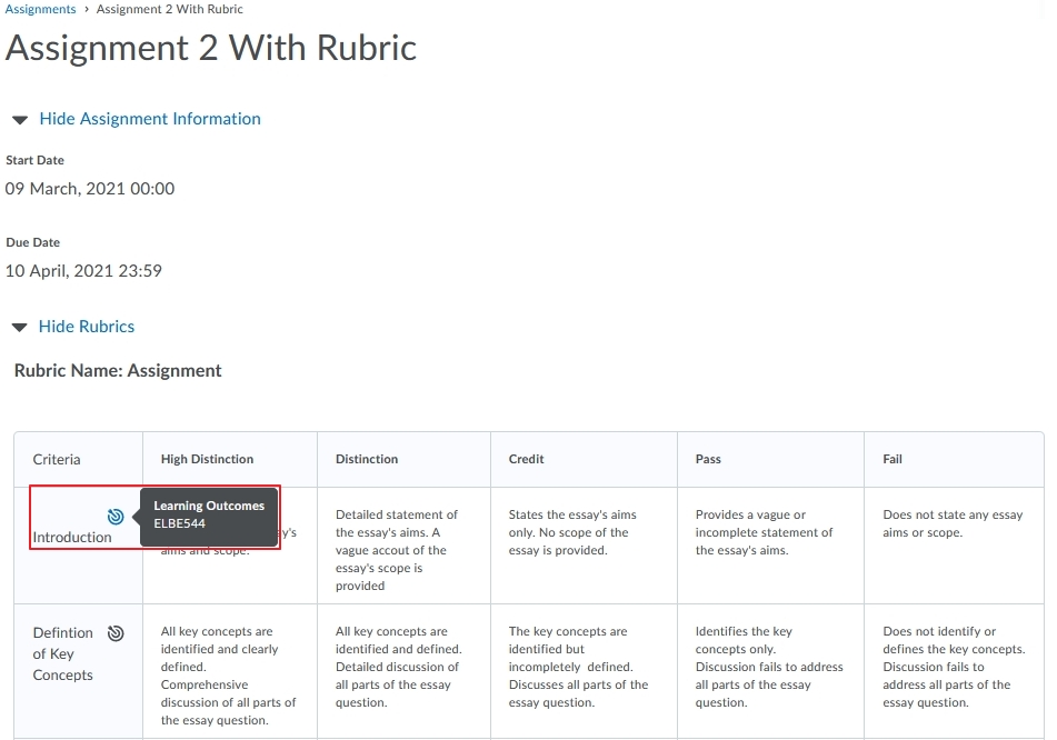 Student view of Rubric in assignment