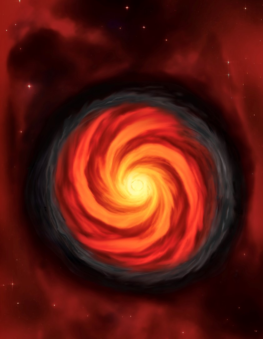 Four orange spiral arms rotate around a bright yellow centre point.