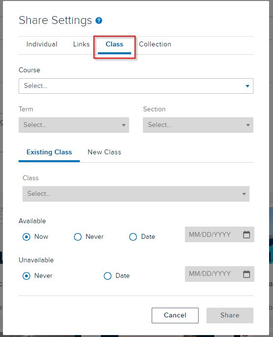 Share Settings modal with Class tab identified and selected as described