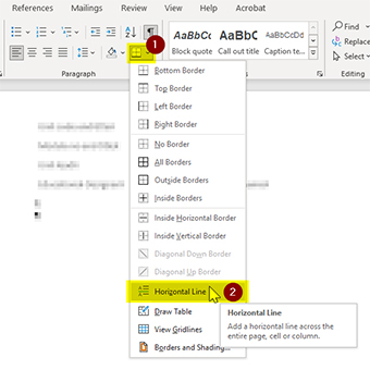 Screenshot showing how to insert a horizontal line in Microsoft Word