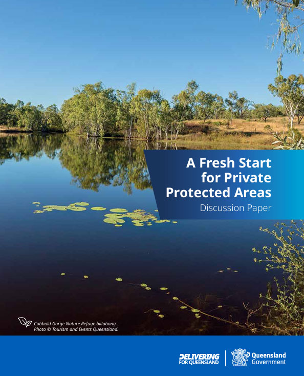 Serene billabong at Cobbold Gorge Nature Refuge with lily pads, trees, and blue sky reflected in calm water; overlaid text reads “A Fresh Start for Private Protected Areas – Discussion Paper.”
