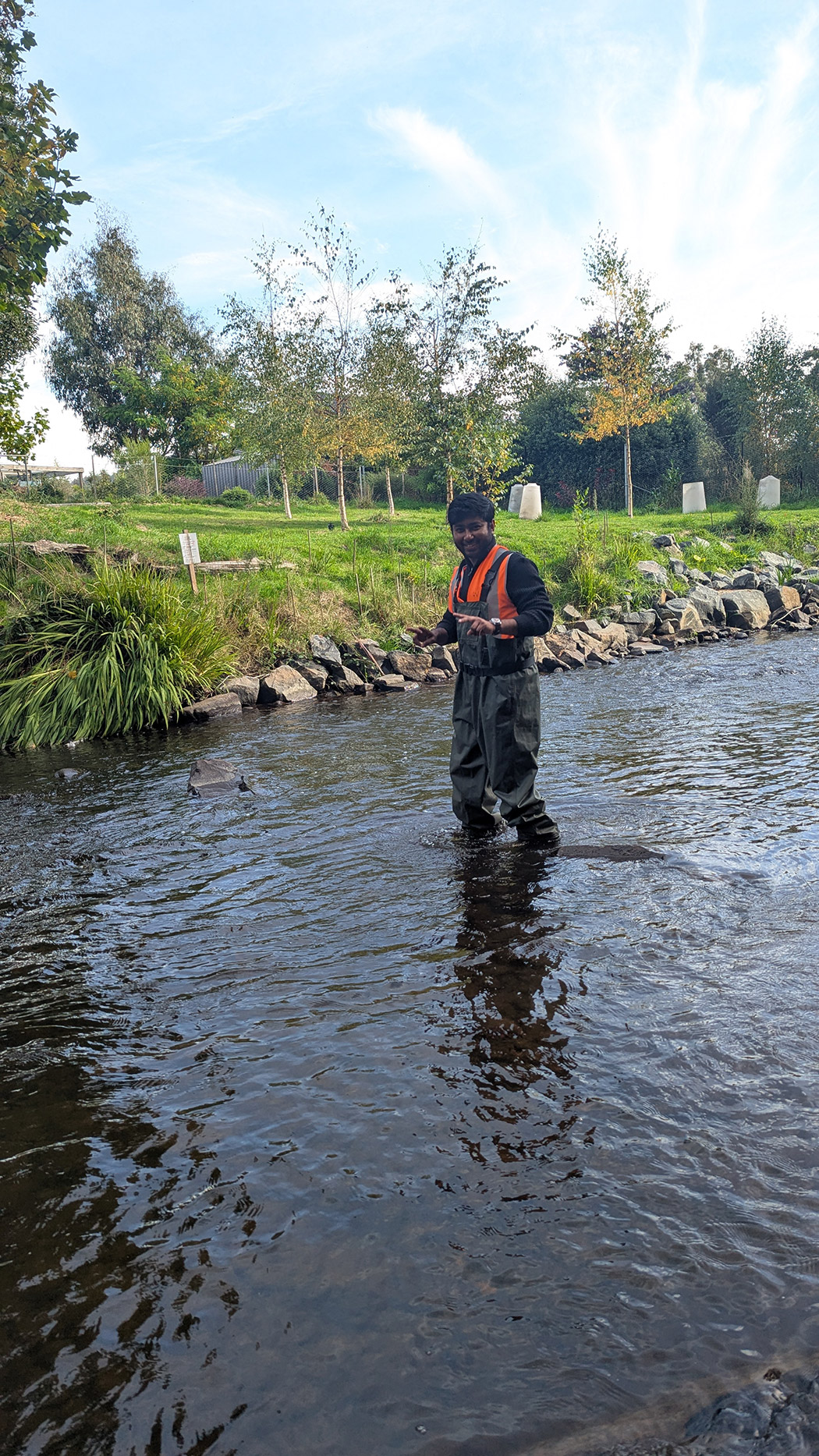 Person wearing a high-visibility vest standing in a shallow creek, in a natural outdoor setting.