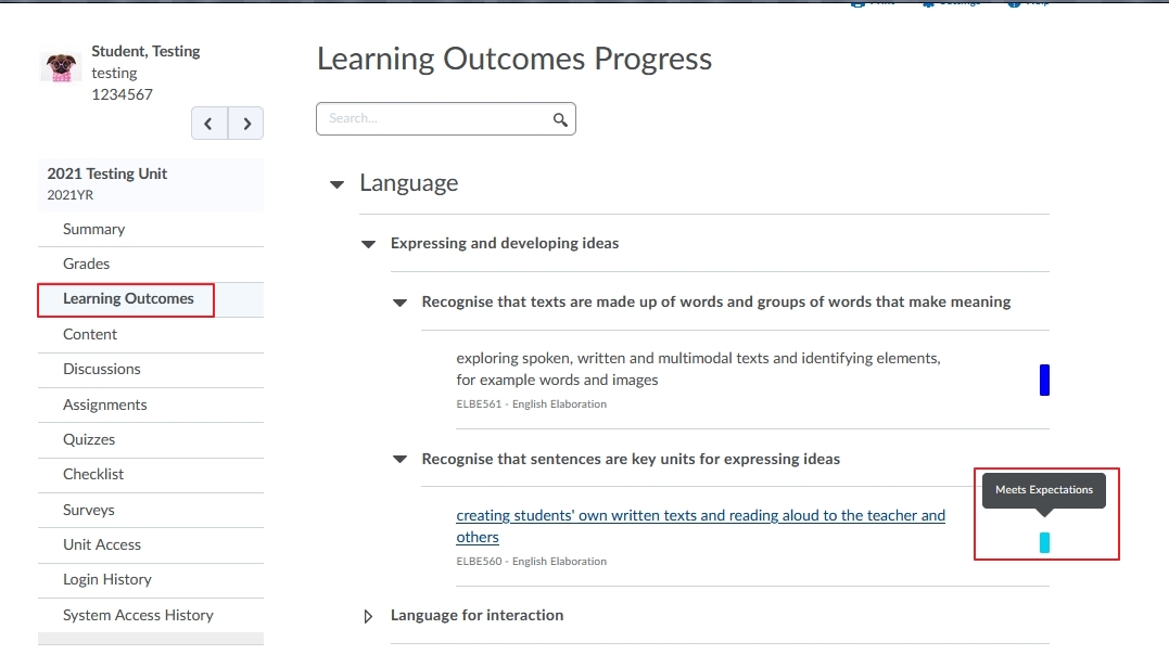 The Learning Outcomes tab in the Class Progress tool