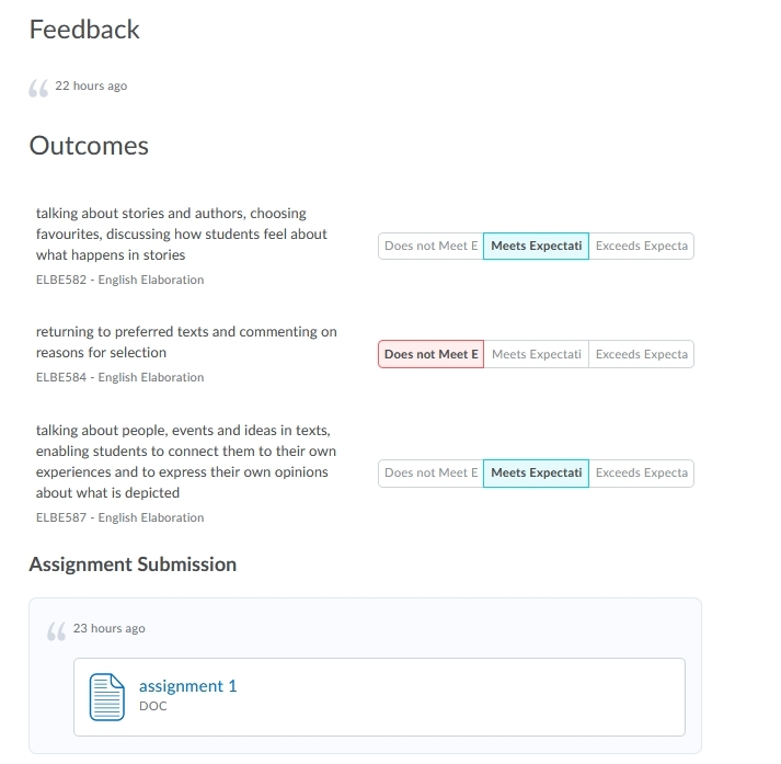 The bottom of the details page contains feedback, achievement scales, and the assignment submission.