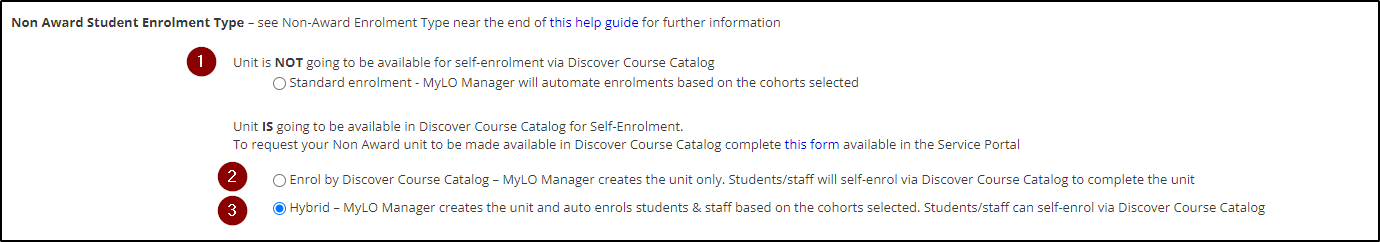 Screenshot of non-award enrolment options in MyLO Manager