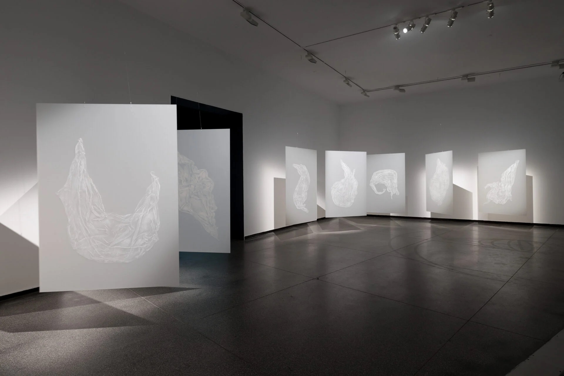 Image Description: Seven grey acrylic panels with white images of floating fabric are suspended from the ceiling at different angles. Two appear in the foreground, with five grouped together in the background. Displayed in a gallery with white walls and a grey tiled floor. 