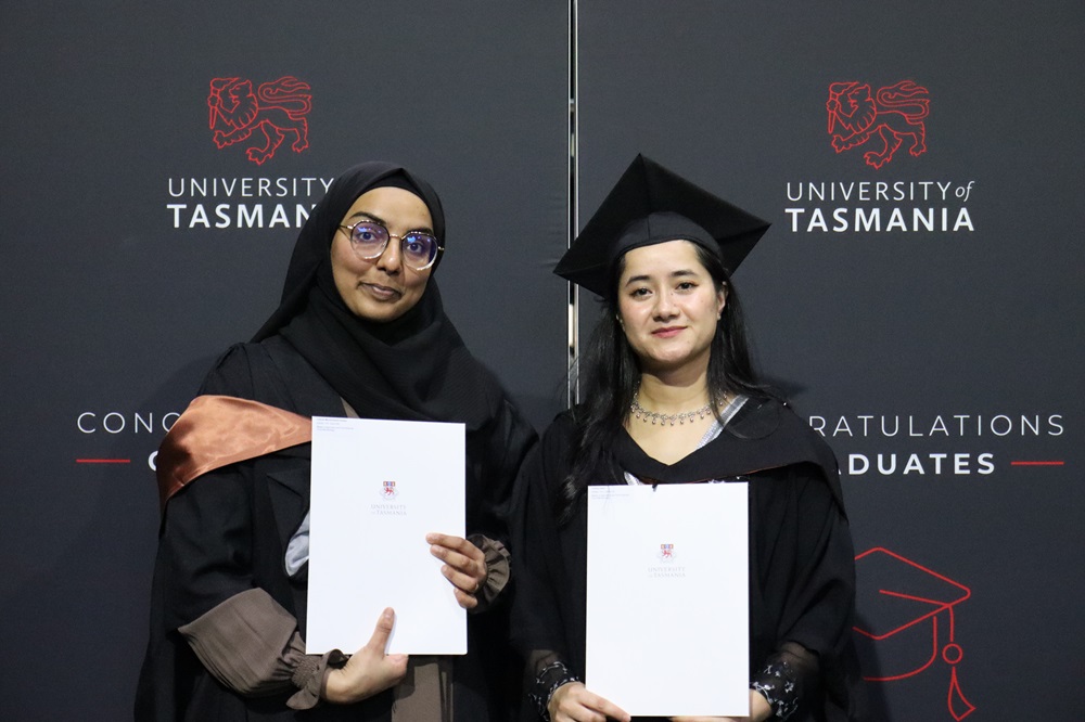 Master of Agriculture and Food Sciences students Fatimah Umatiya and Pratima Karki at 2024 mid-year graduation
