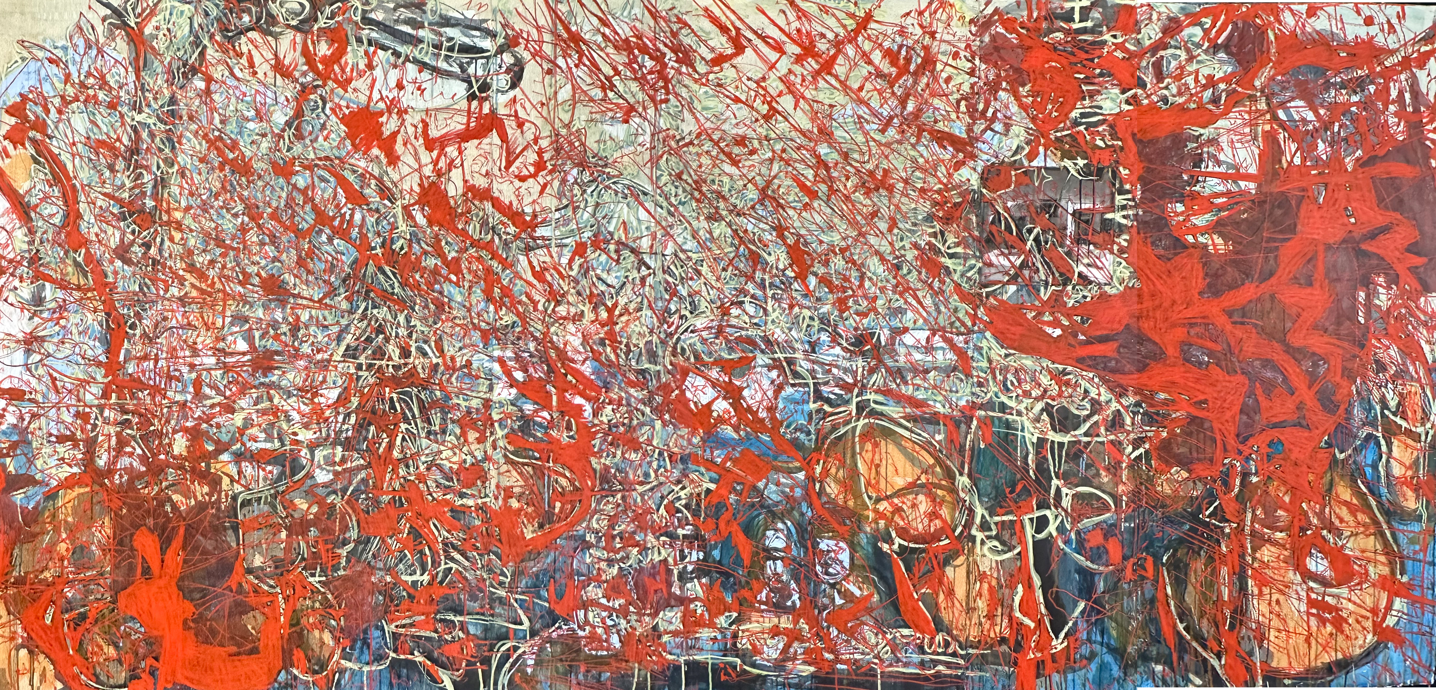 A large abstract artwork filled with dense layers of tangled red, white, blue, and black marks. Energetic red lines and web-like forms dominate the surface, creating a sense of movement and accumulation, while glimpses of darker shapes and muted colours emerge beneath the chaotic network of overlapping gestures.