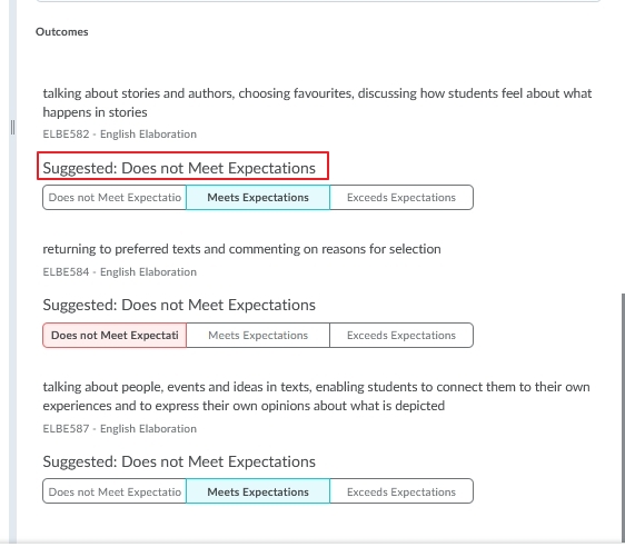 Assessing a student against specific learning outcomes in an assignment