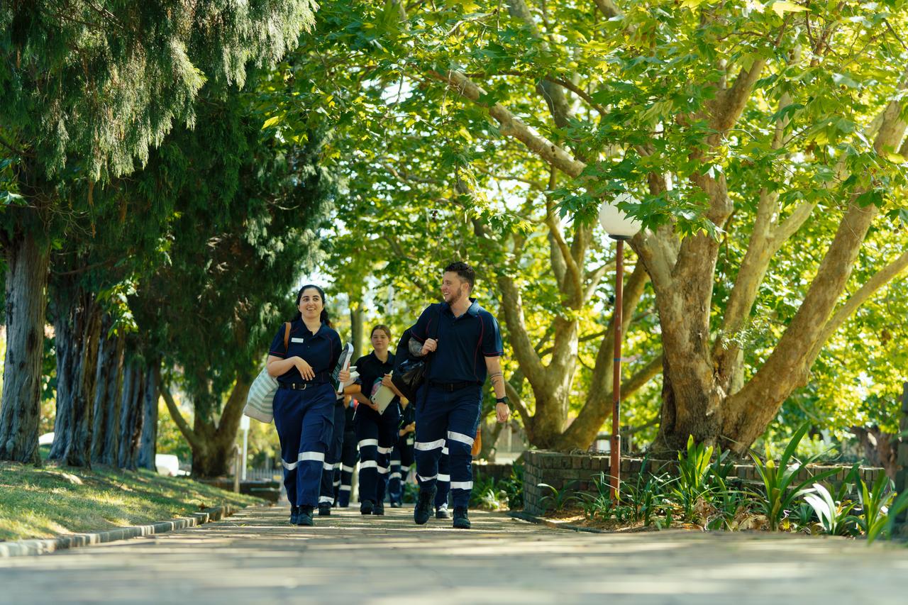 Kai Leemeijer (front, right) and other Bachelor of Paramedicine students at the Rozelle Campus in Sydney.