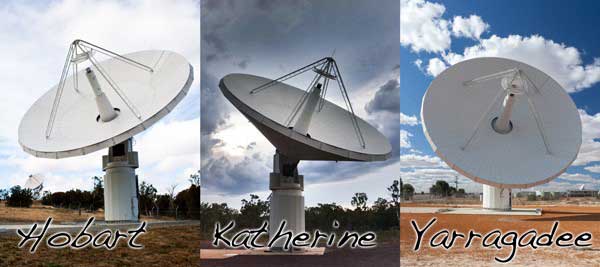 Three satellite dishes labeled Hobart, Katherine, and Yarragadee under clear skies.