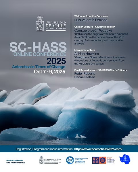 Flyer for SC-HASS Online Conference 2025 featuring blue and white icebergs in the foreground with conference details overlaid.