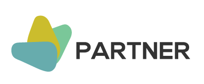 Logo with three overlapping rounded shapes in teal, light teal, and mustard yellow, followed by the word ‘PARTNER’ in bold grey uppercase letters.