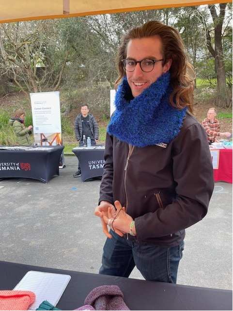 TUSA President Jack Oates Pryor wearing a hand-knitted winter warmer