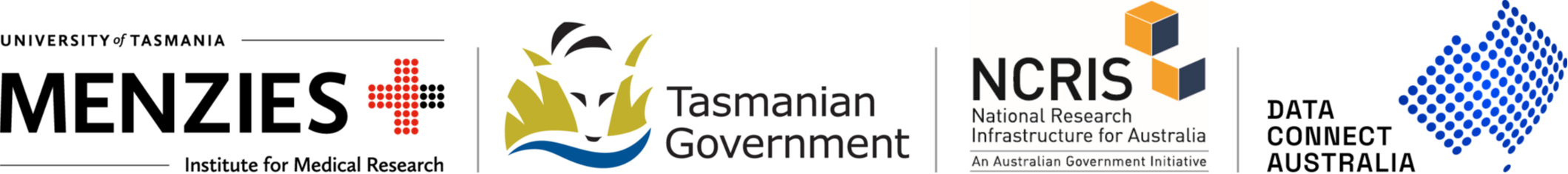 Logos for Menzies (UTAS), Tasmanian Government, NCRIS and Data Connect Australia