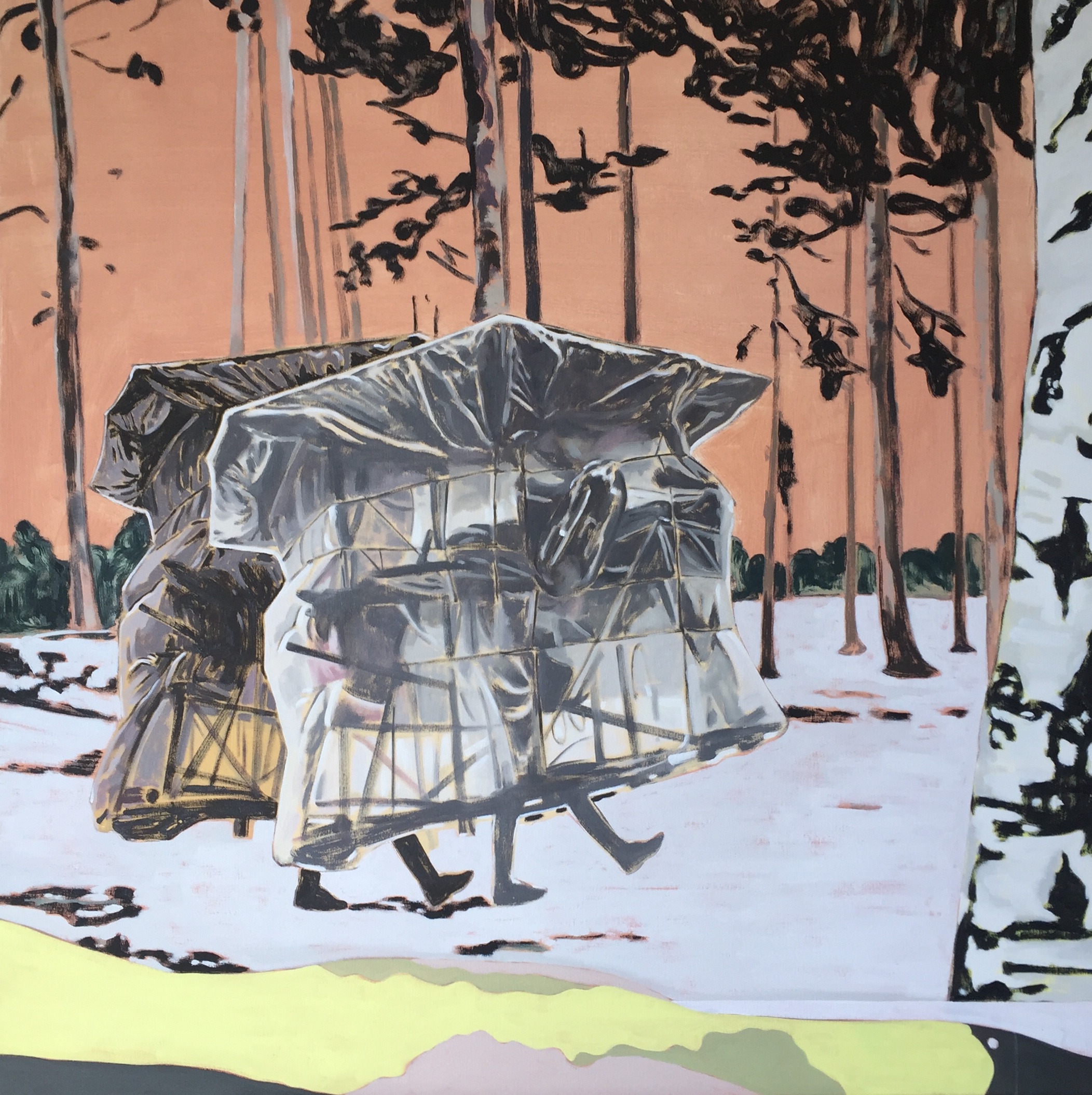The painting by Jo Chew depicts two people walking in the bush with houses made of plastic over their heads and body. Your can only see their feet. They are situated in the middle of the painting, you can see a large tree in the foreground on the right side.   The colours and not realistic, the sky is an orange peach colour and the ground is off white. 
