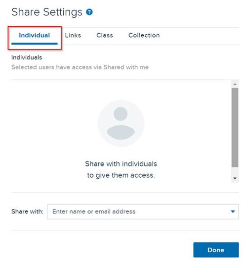Share settings modal with no individual shares showing