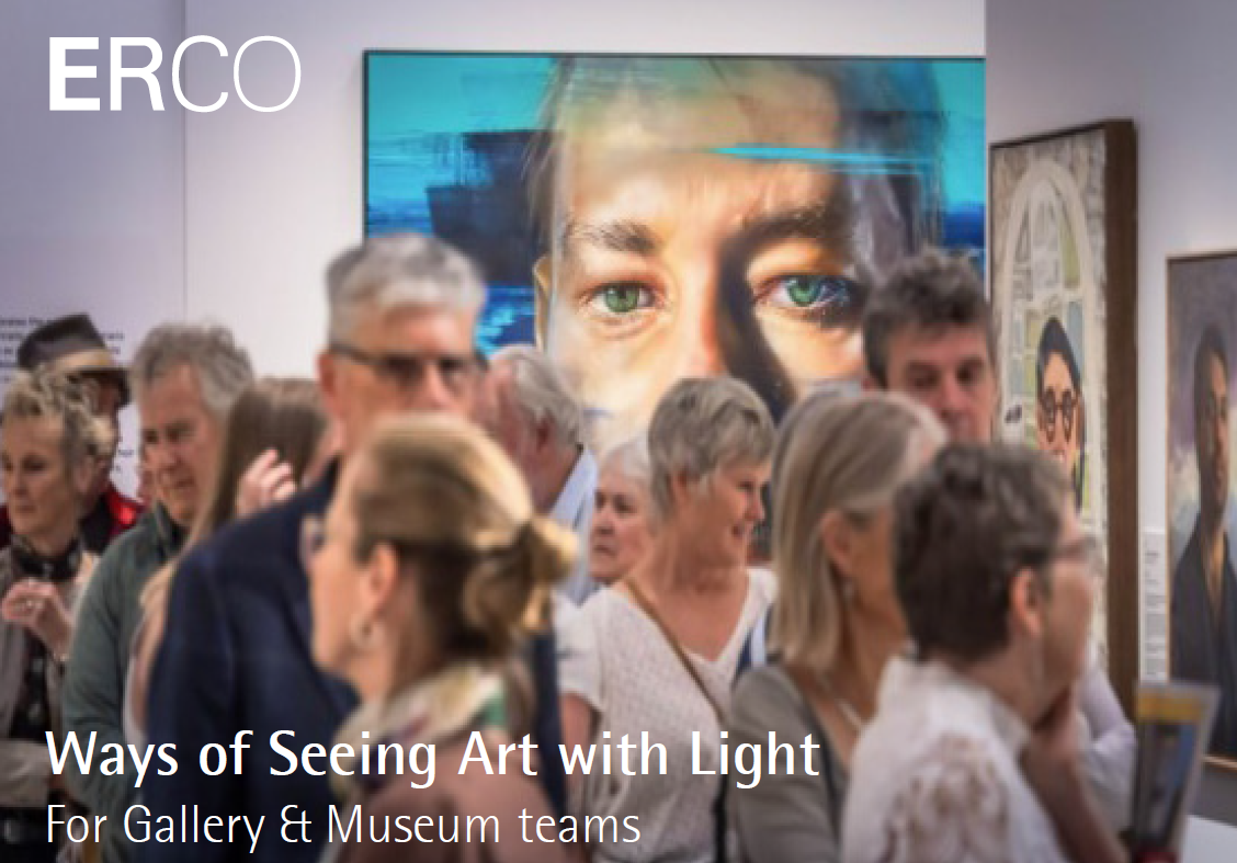 The image features an out of focus background with several individuals in an art gallery or museum setting. The foreground contains clear and legible text that reads “ERCO” at the top, followed by “Ways of Seeing Art with Light” in larger font size, and “For Gallery & Museum teams” below it in a smaller font.