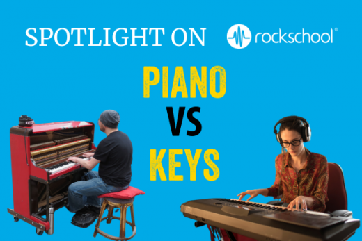 Man playing a red piano with panels off and strings exposed and a woman playing a piano keyboard wearing headphones.