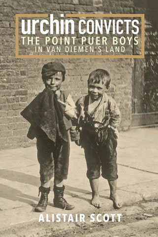 Book cover titled Urchin Convicts: The Point Puer Boys in Van Diemen’s Land by Alistair Scott, featuring a sepia photograph of two barefoot children standing in front of a brick wall.