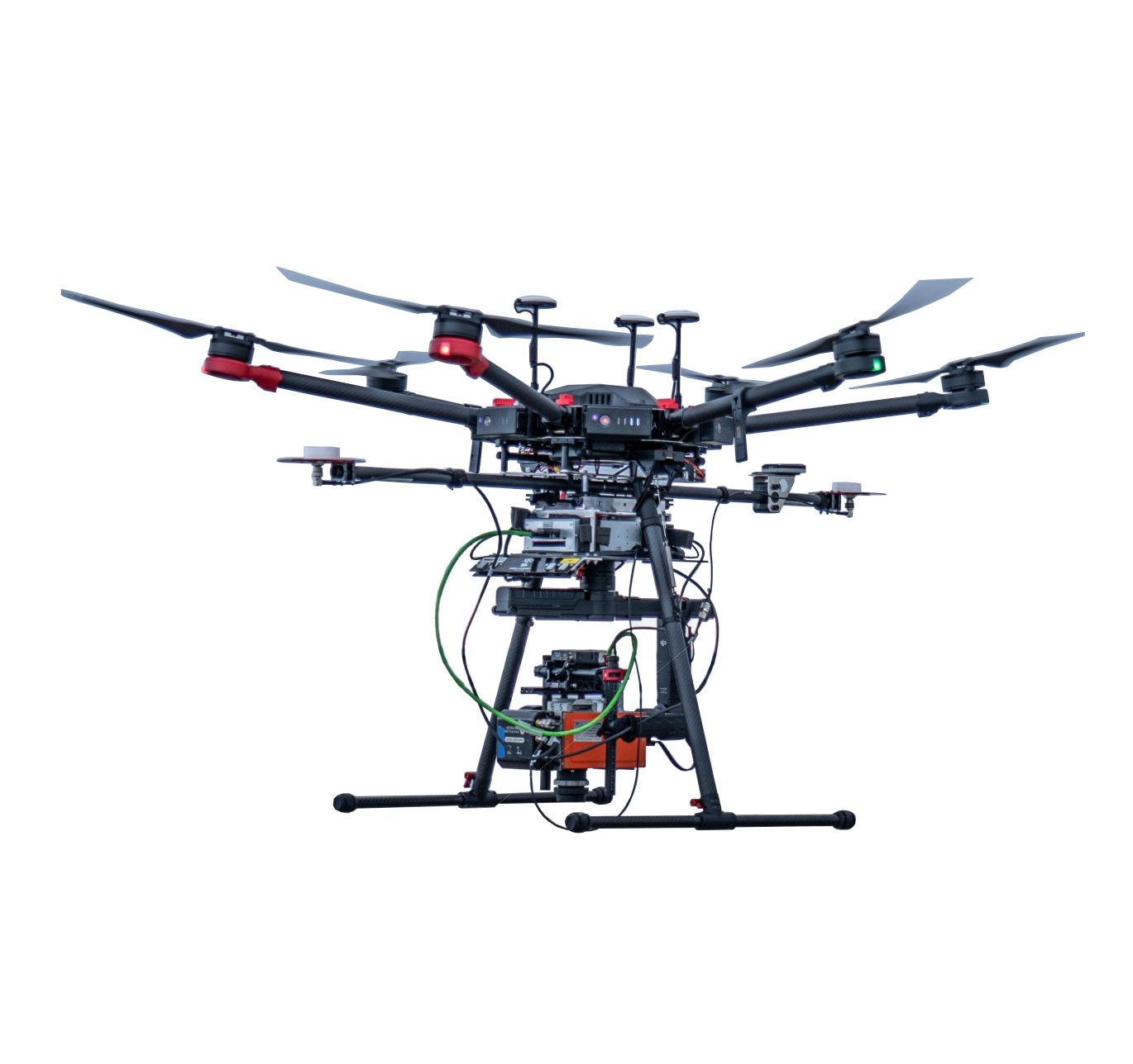 Eight-rotor drone with sensors, cameras, and wiring, designed for advanced aerial tasks.