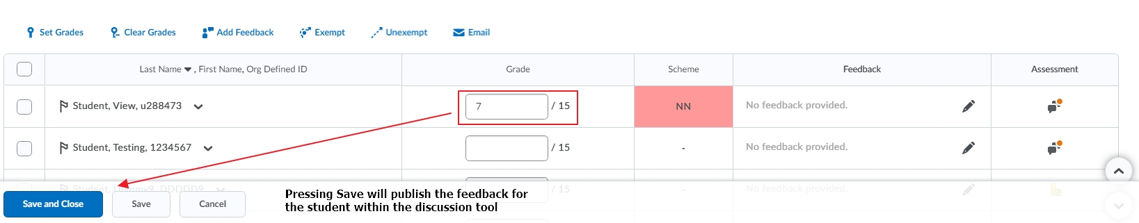 Entering grades in discussion tool